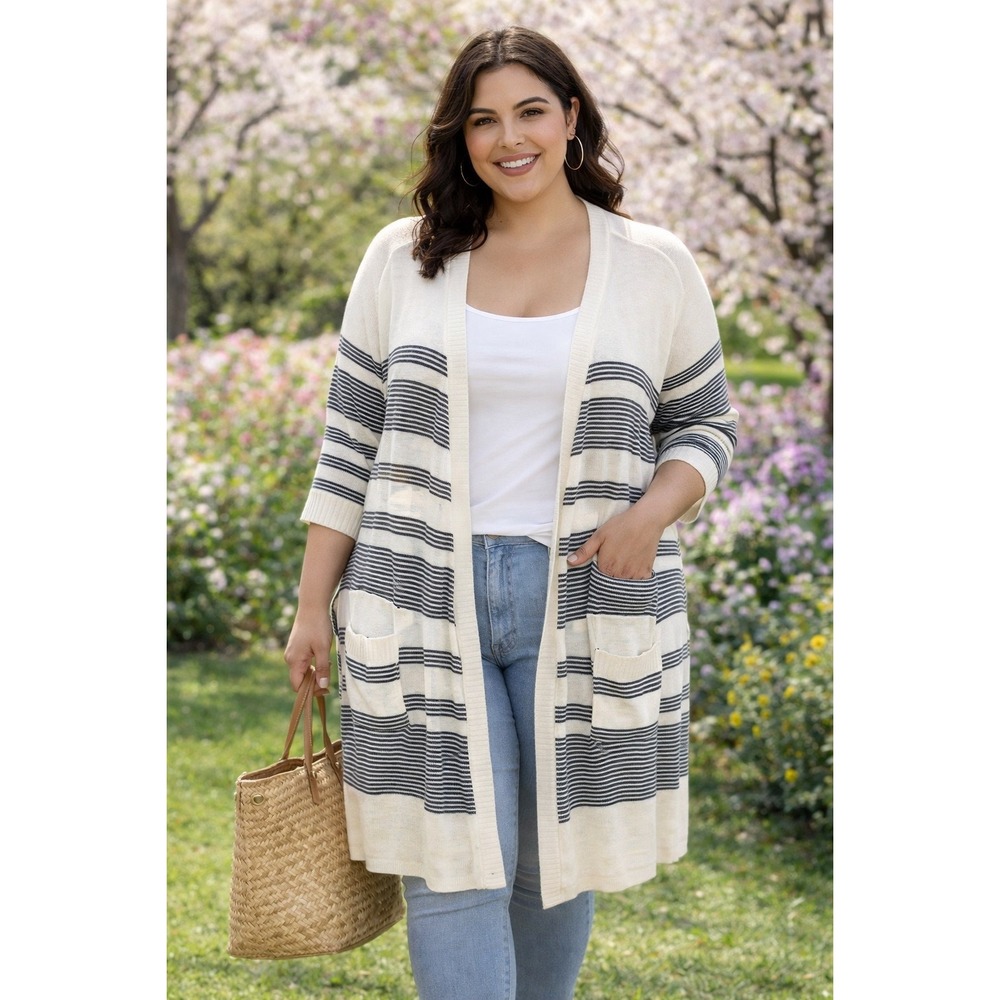 Talbots‎ Striped Cardigan Sweater Womens 2XP Knit Open Front Nautical Coastal